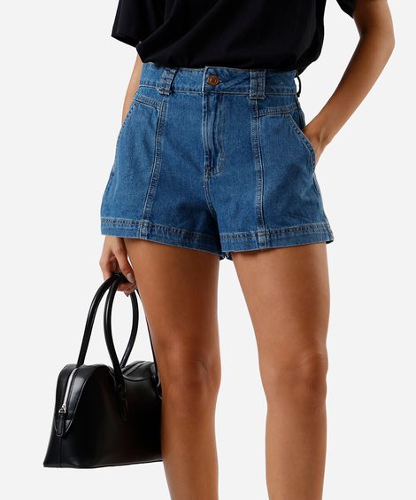 short feminino jeans com recortes azul