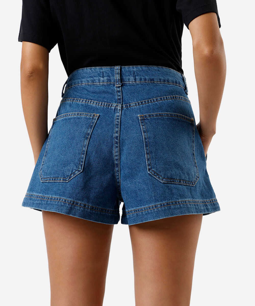 short feminino jeans com recortes azul