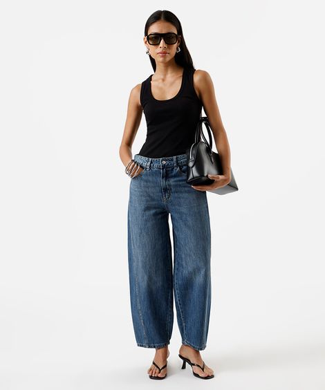 calça barrel feminina jeans cintura média azul