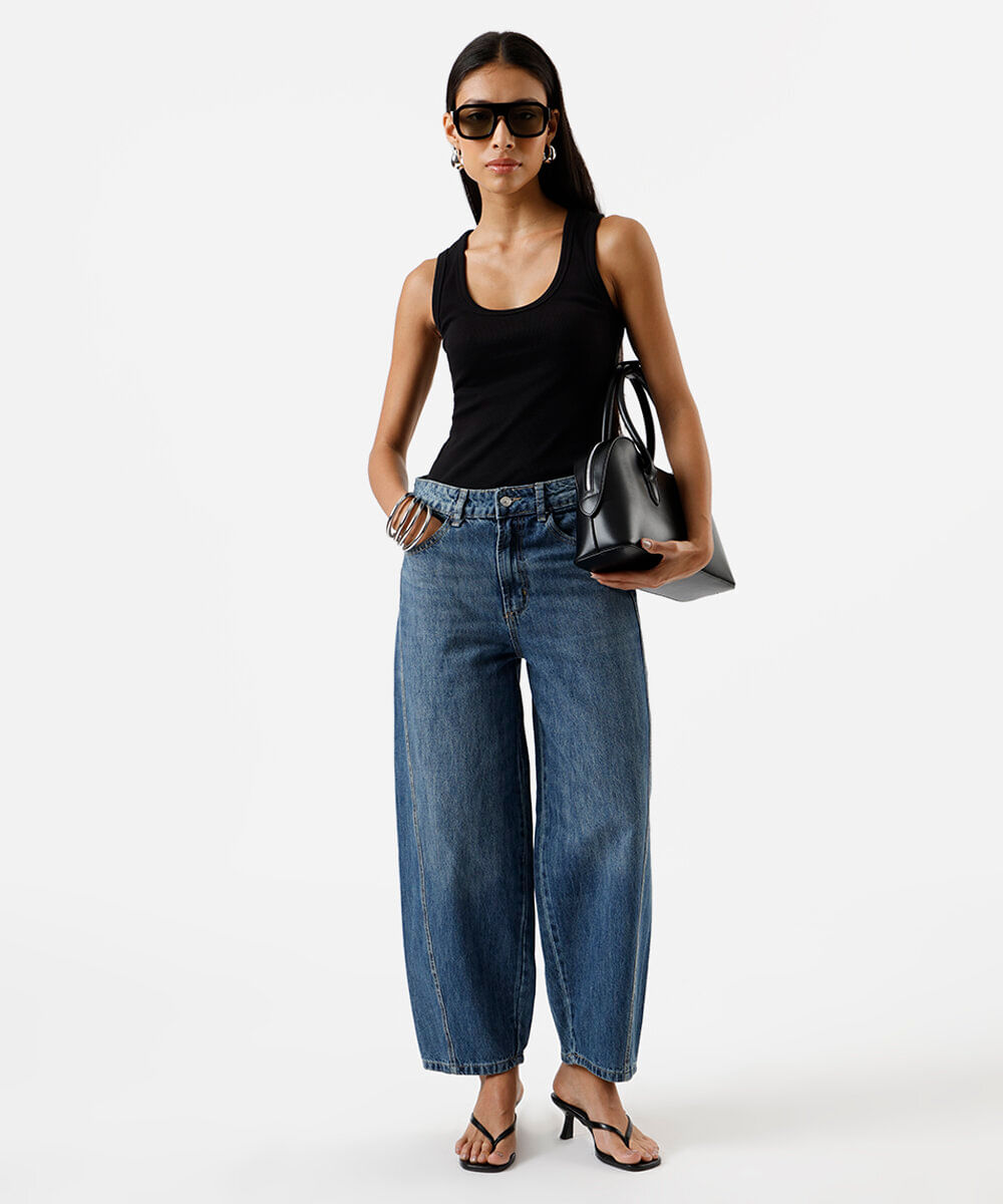 calça barrel feminina jeans cintura média azul