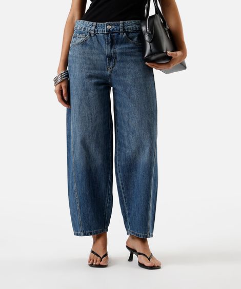 calça barrel feminina jeans cintura média azul