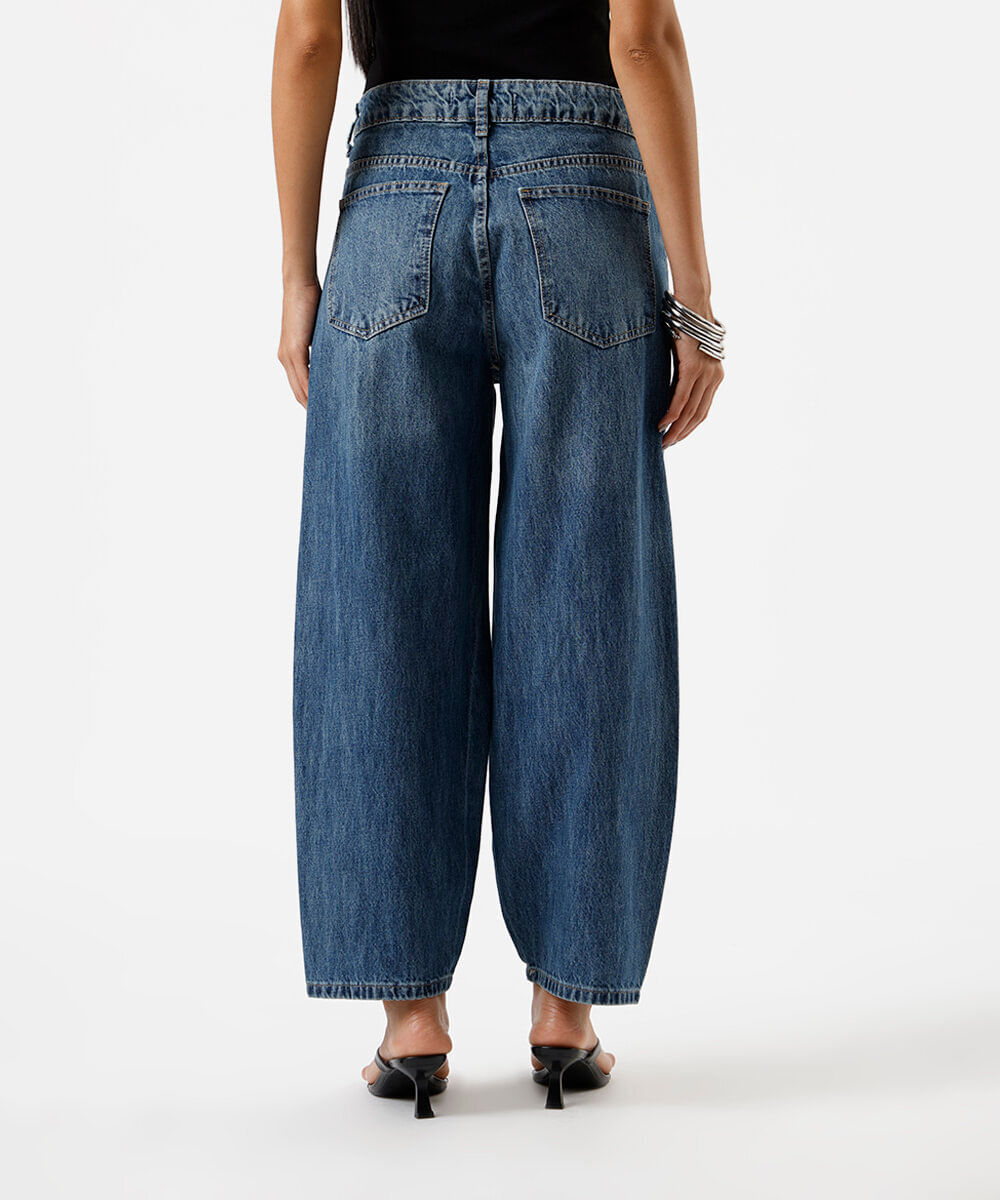 calça barrel feminina jeans cintura média azul
