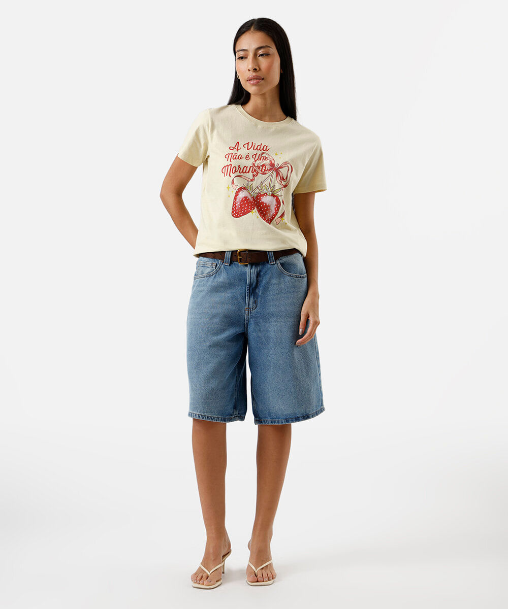 camiseta feminina de algodão estampada amarela