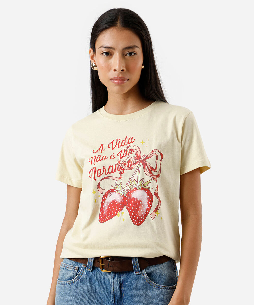 camiseta feminina de algodão estampada amarela