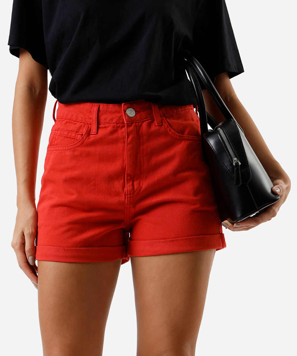 short mom feminino de sarja vermelho