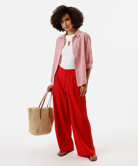calça wide leg feminina com linho vermelha