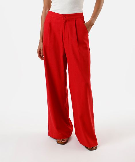 calça wide leg feminina com linho vermelha