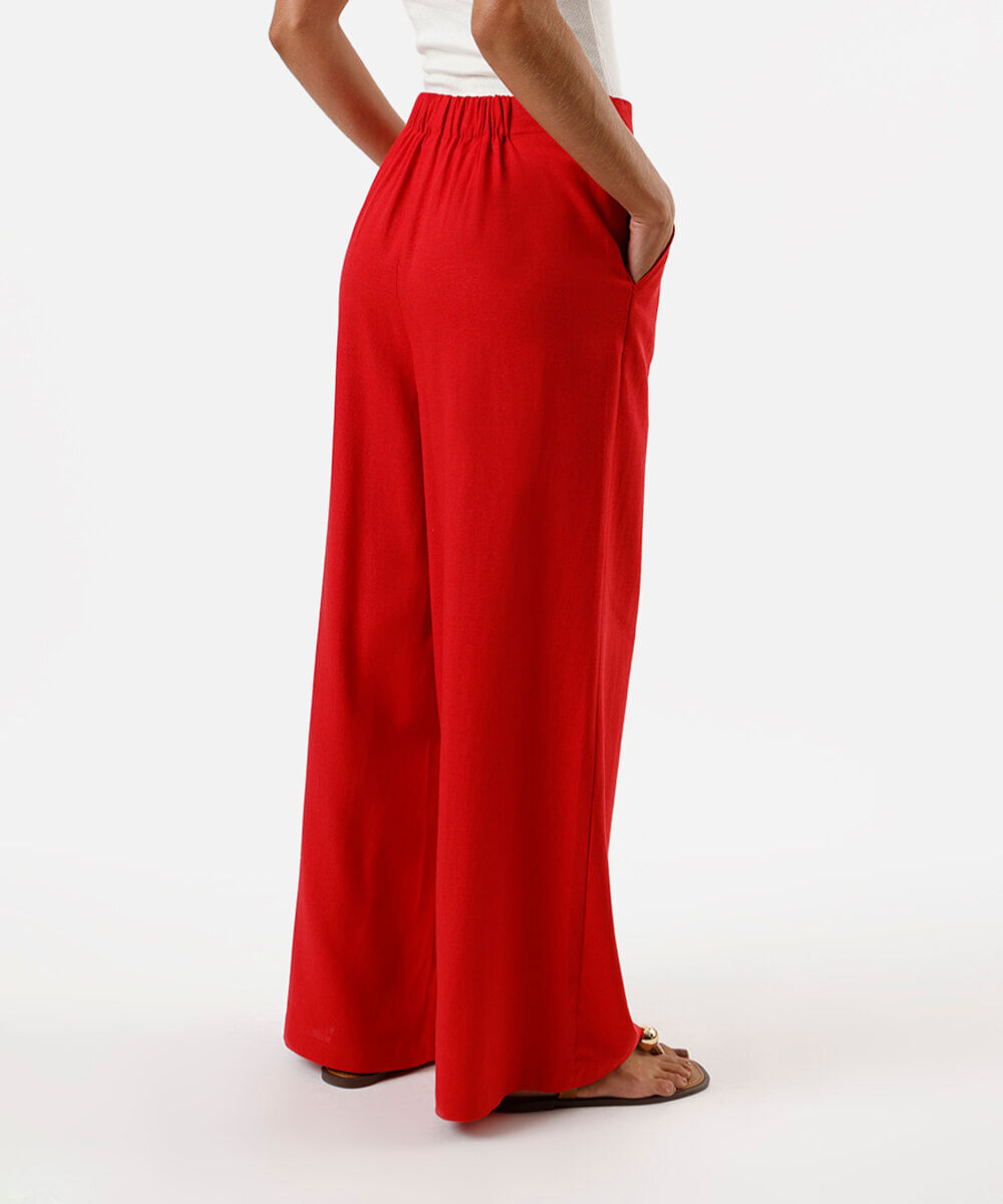 calça wide leg feminina com linho vermelha