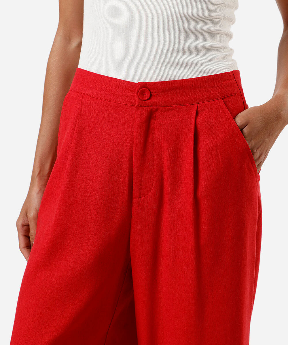 calça wide leg feminina com linho vermelha