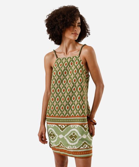 vestido curto feminino alça fina com miçangas arabesco verde