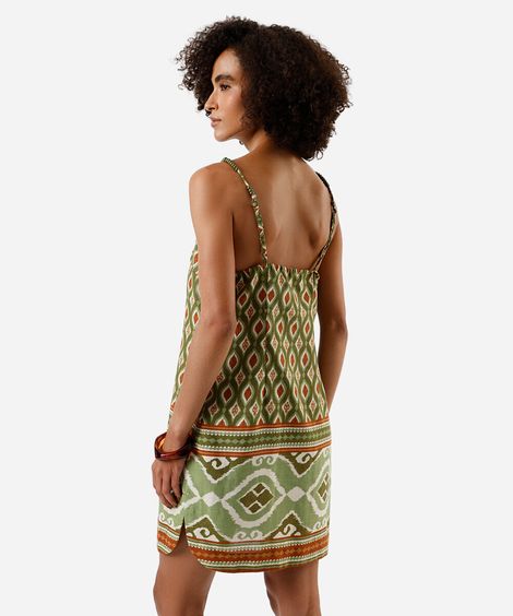 vestido curto feminino alça fina com miçangas arabesco verde