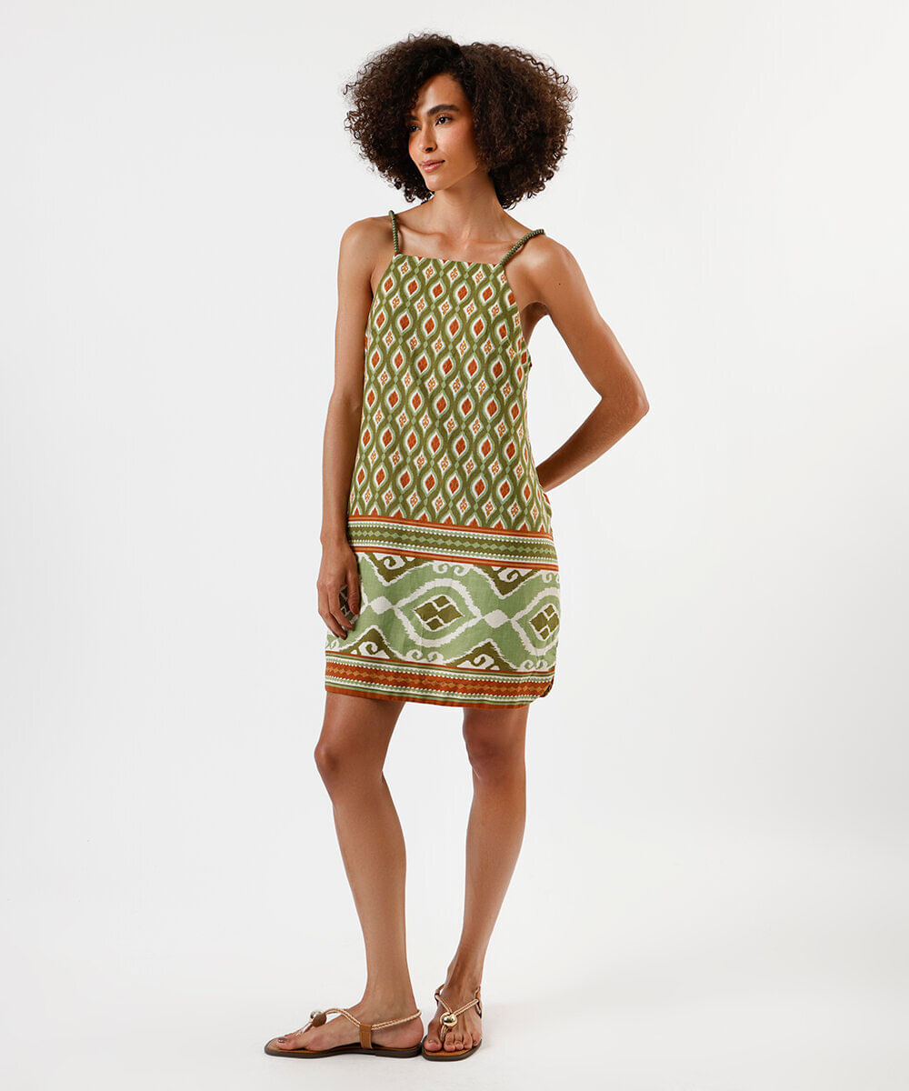 vestido curto feminino alça fina com miçangas arabesco verde