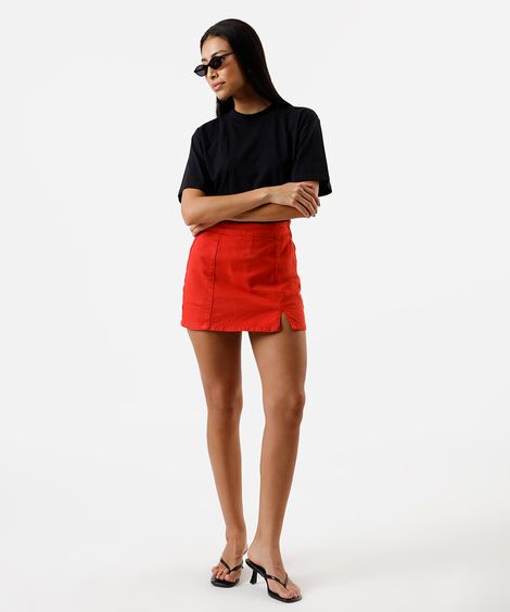 short saia feminino de sarja com fenda vermelho