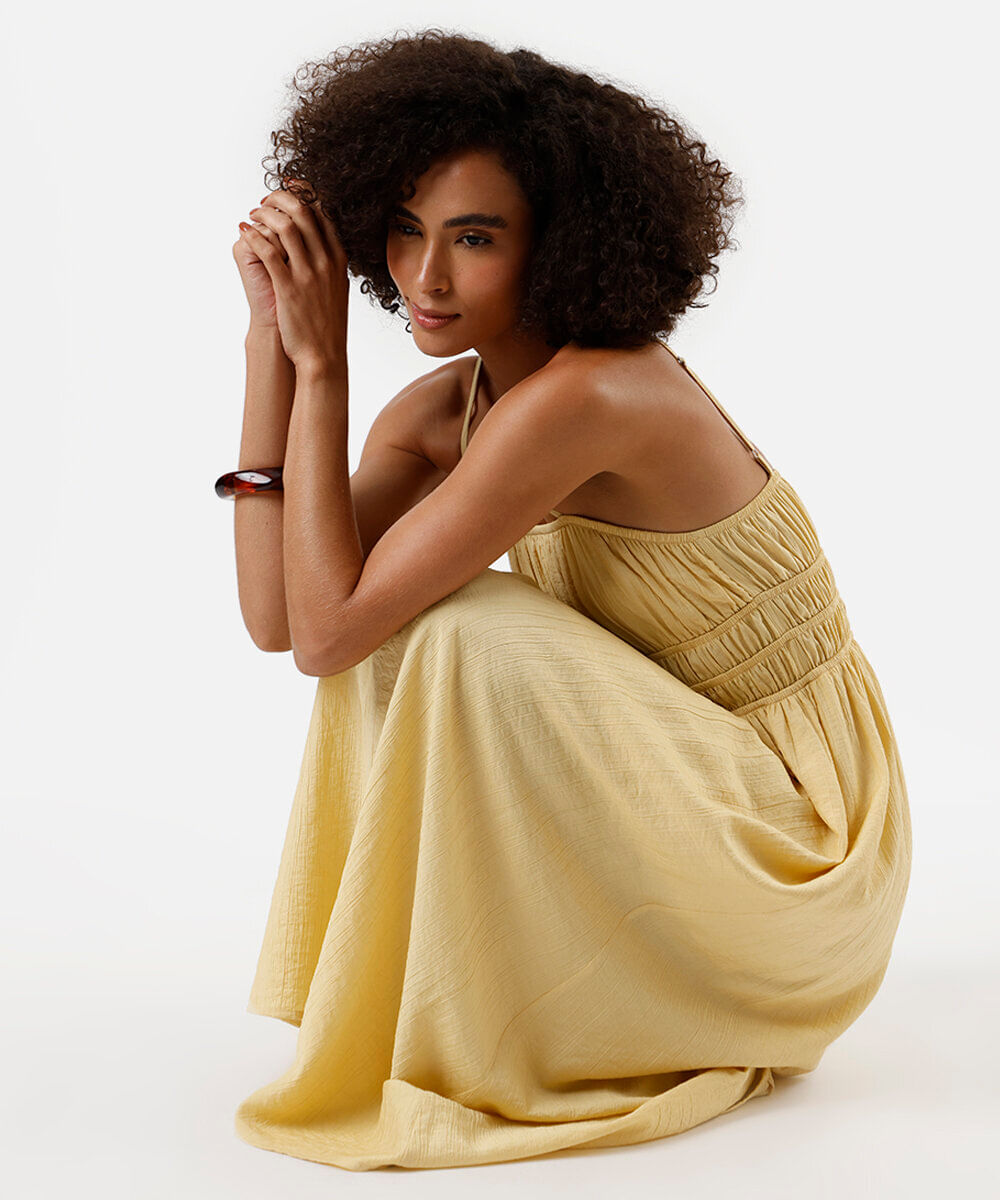 vestido midi feminino de viscose alça fina amarelo