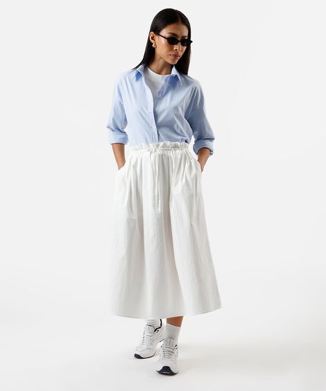 saia midi feminina  de algodão com pregas off white