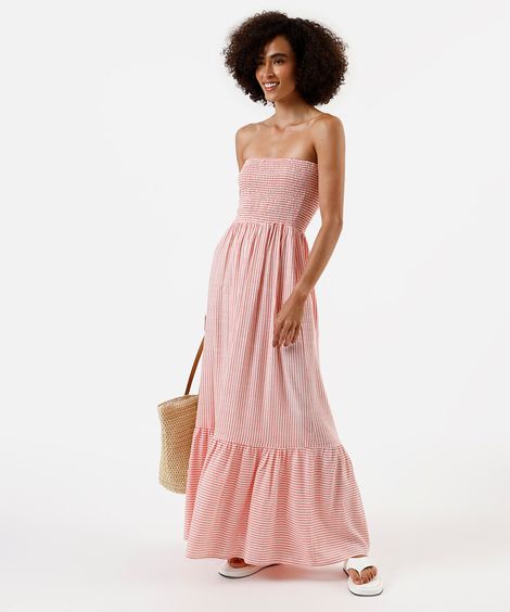 vestido longo sem alça feminino com viscose listrado vermelho