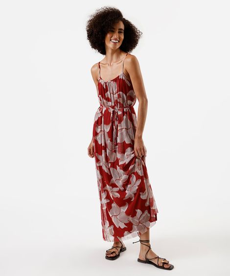 vestido midi alça fina feminino de tule floral colorido