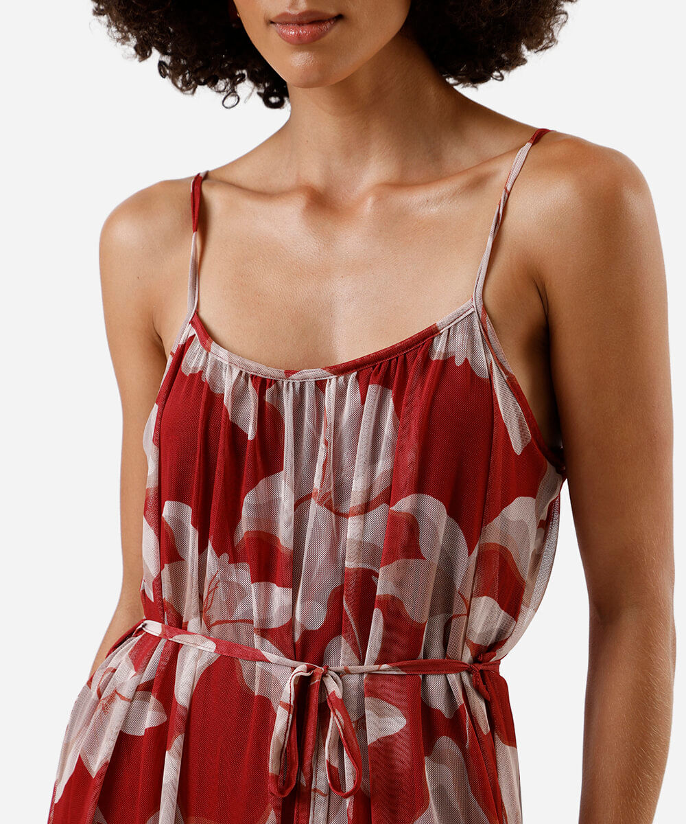 vestido midi alça fina feminino de tule floral colorido