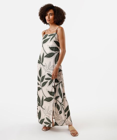 vestido longo alça fina feminino com linho e fendas folhagens bege