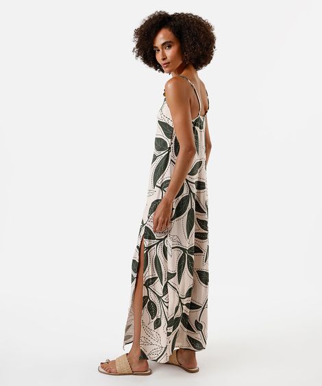 vestido longo alça fina feminino com linho e fendas folhagens bege