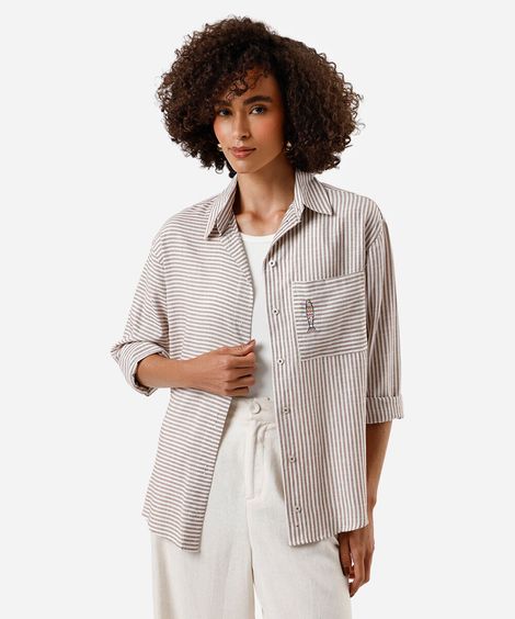 camisa oversized feminina com algodão listrada marrom