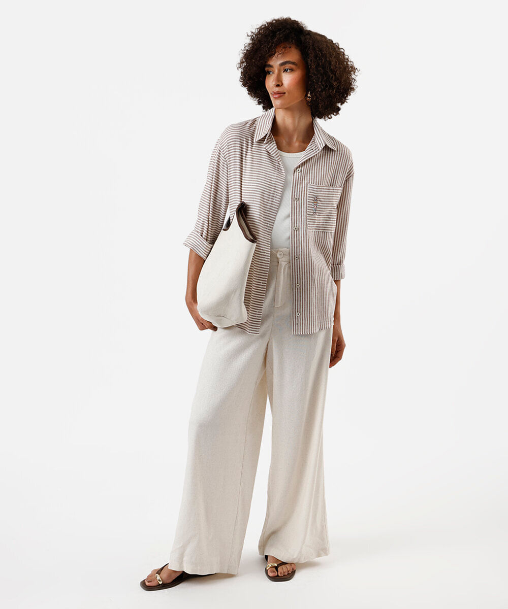 camisa oversized feminina com algodão listrada marrom