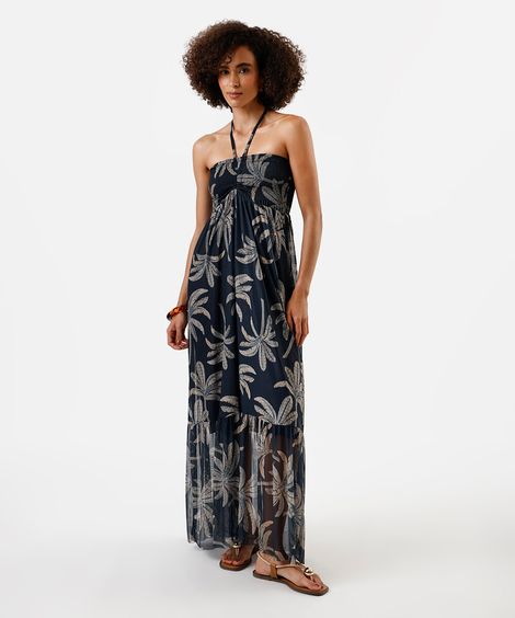 vestido longo feminino de tule com recorte folhagens azul