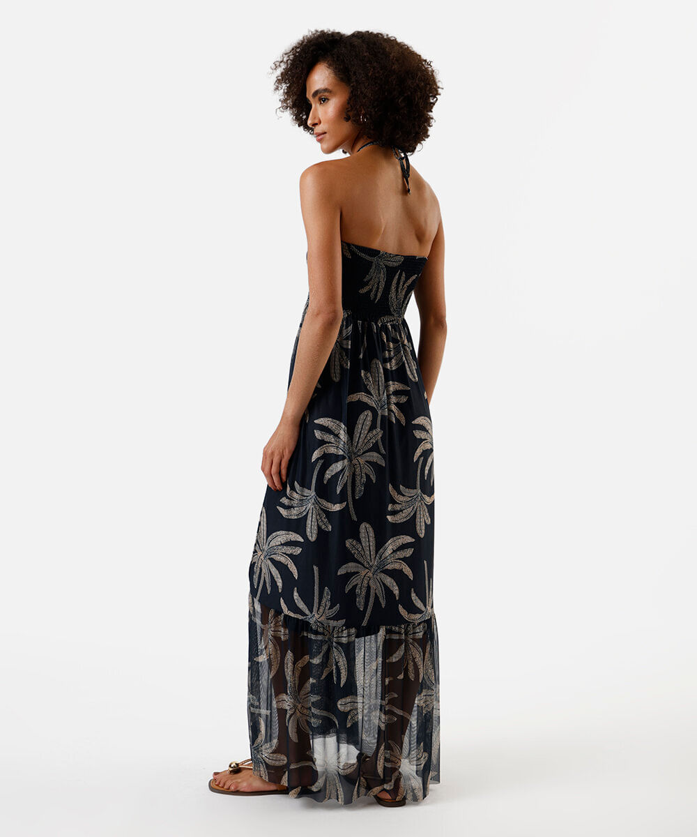 vestido longo feminino de tule com recorte folhagens azul