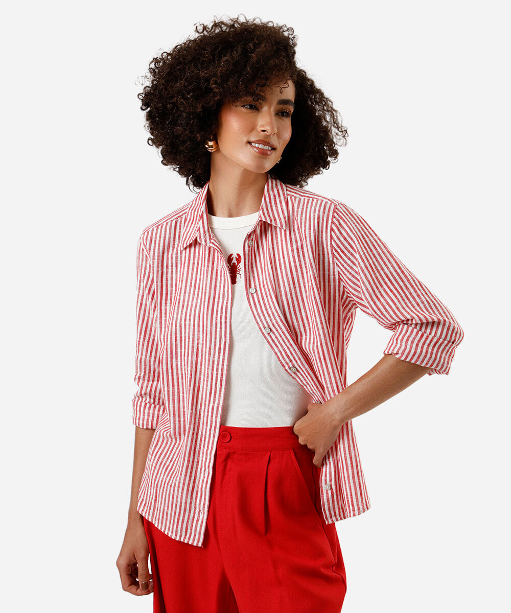 camisa feminina de algodão listrada vermelha