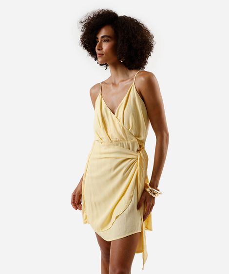 vestido curto de viscose com lurex listrado amarelo