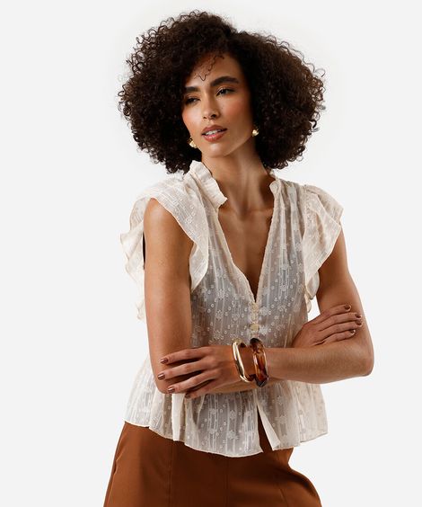 blusa feminina  com babados texturizada bege