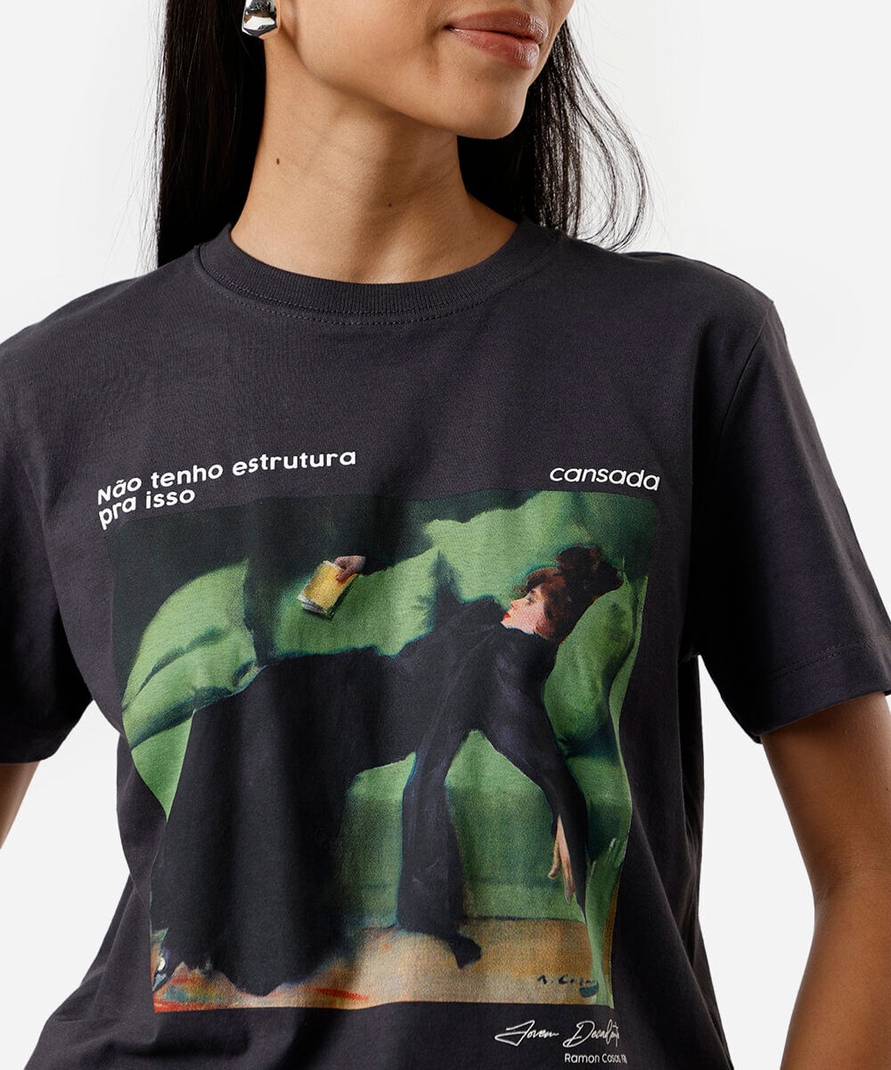 camiseta feminina de algodão estampada cinza
