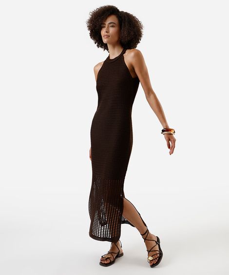vestido midi feminino de tricot halterneck marrom
