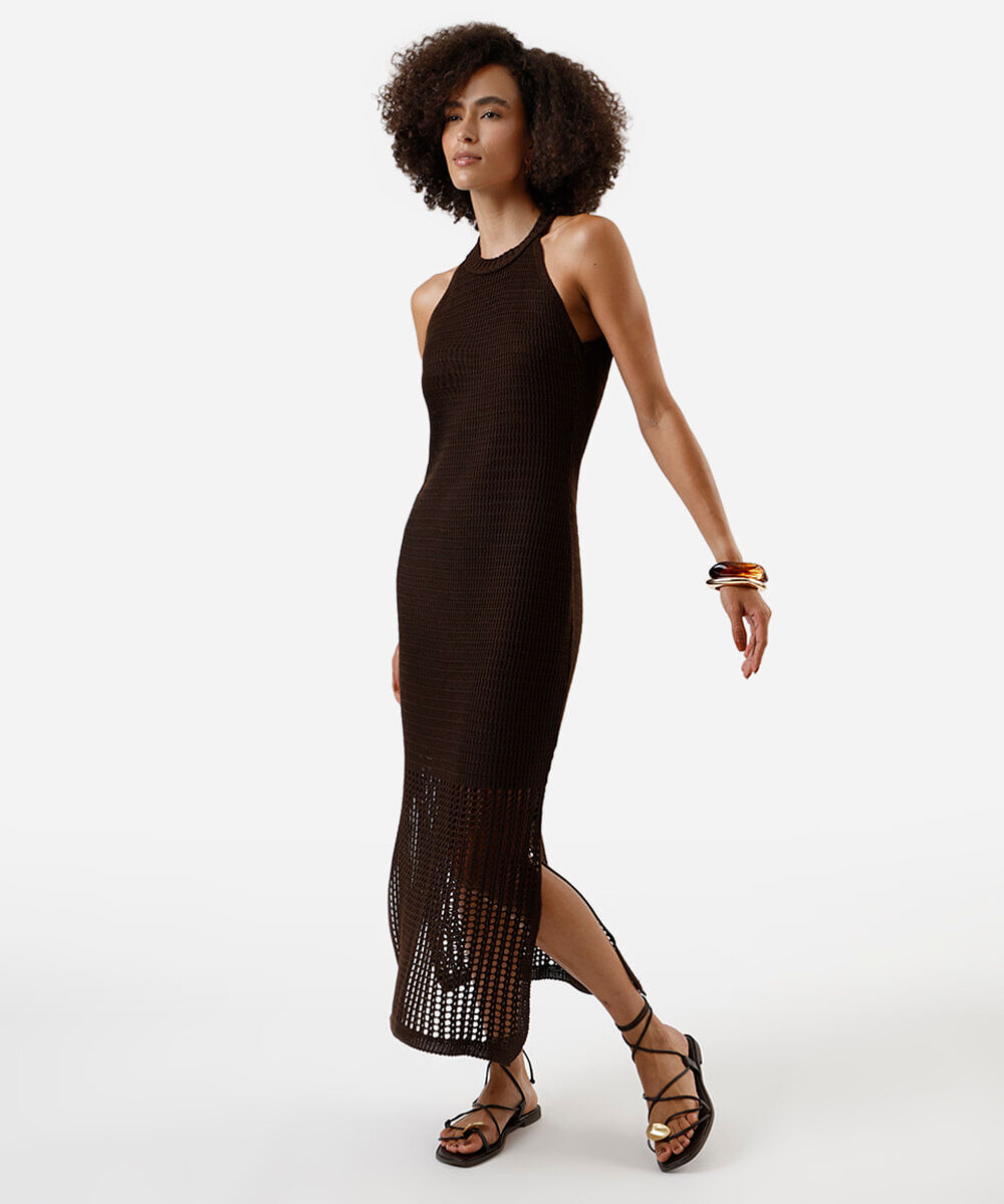 vestido midi feminino de tricot halterneck marrom