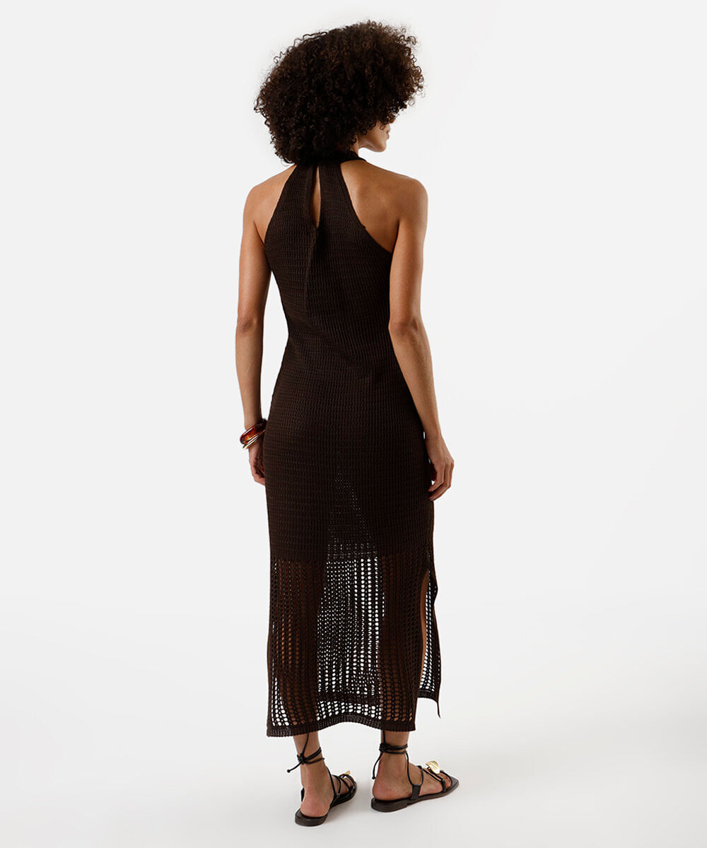 vestido midi feminino de tricot halterneck marrom