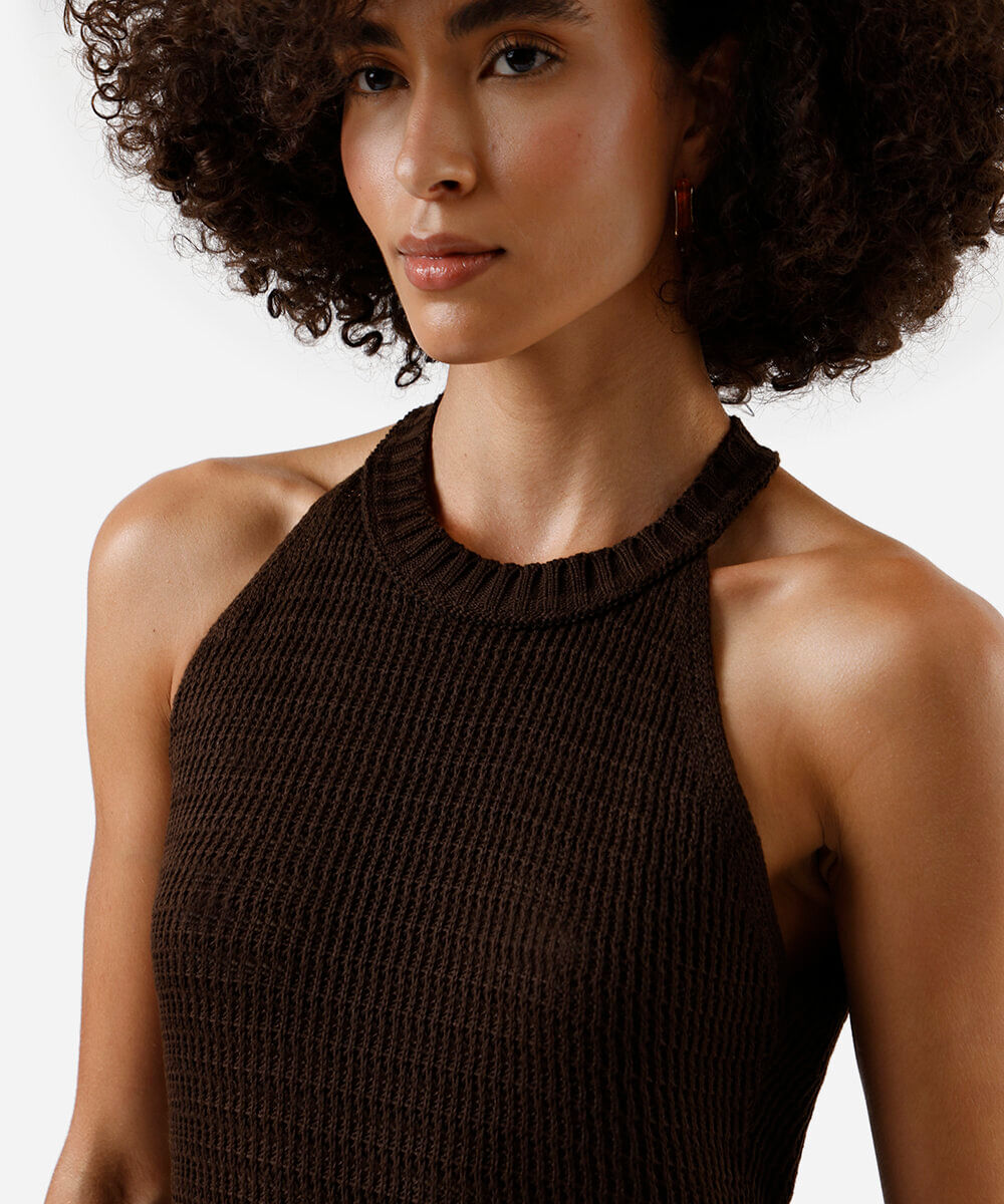 vestido midi feminino de tricot halterneck marrom