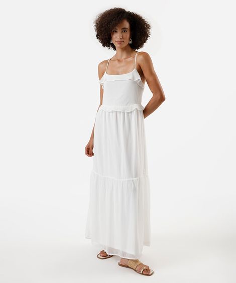 vestido longo alça fina feminino com recortes e babados off white
