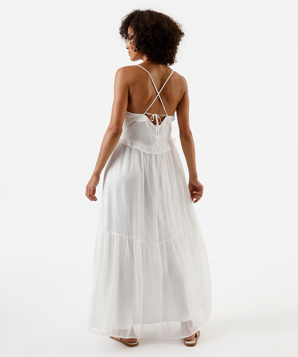 vestido longo alça fina feminino com recortes e babados off white