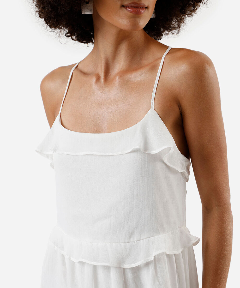 vestido longo alça fina feminino com recortes e babados off white