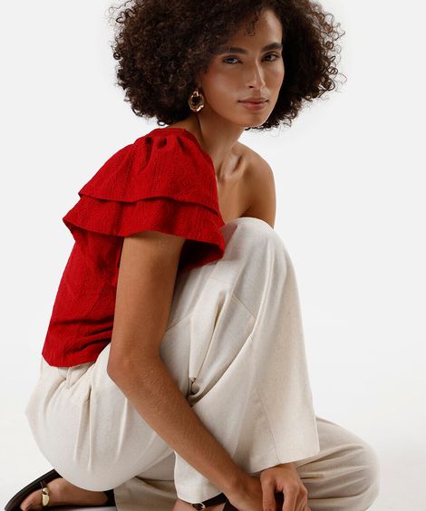 blusa ombro único feminina de laise com babados vermelha