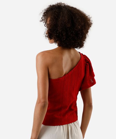 blusa ombro único feminina de laise com babados vermelha