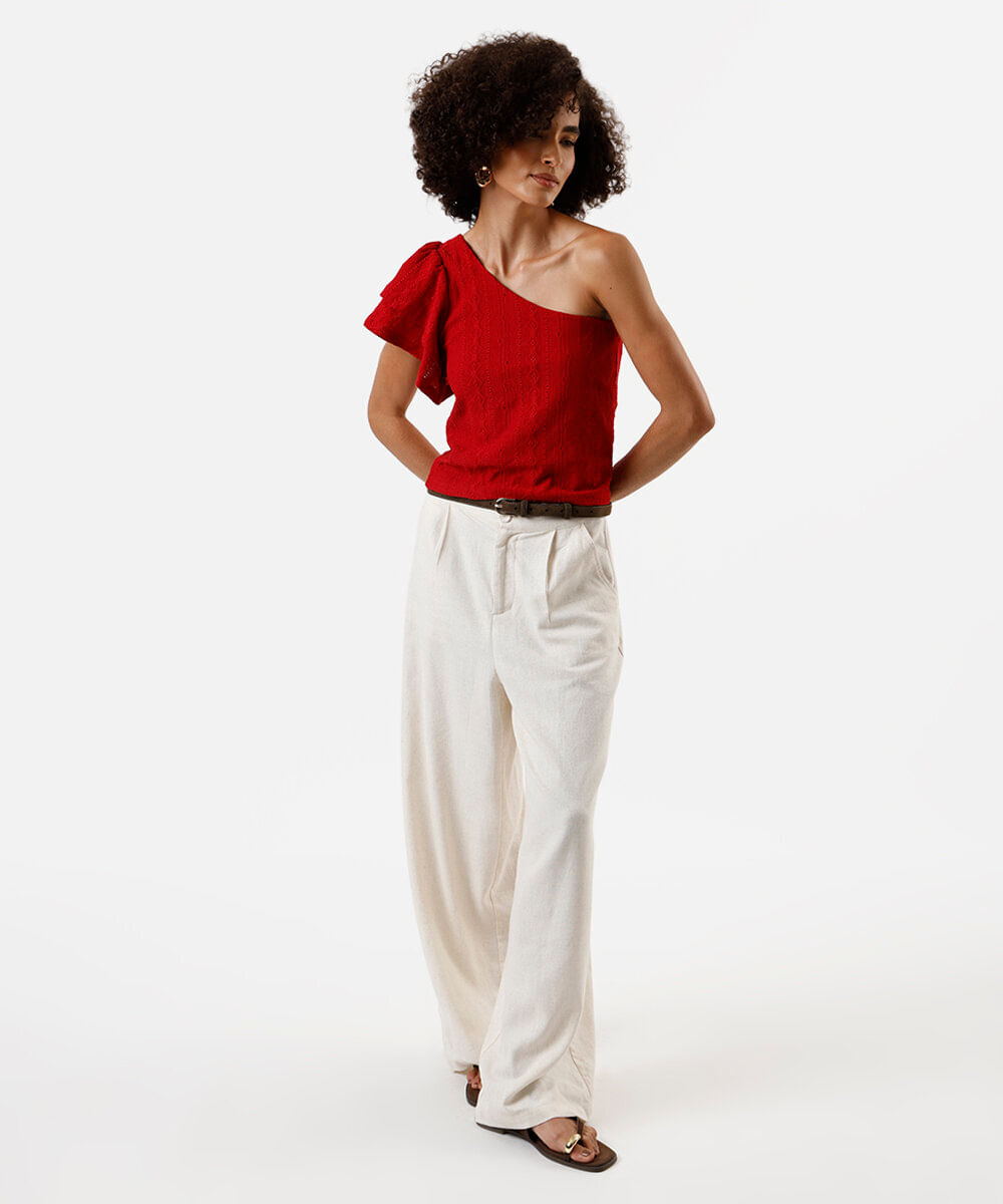 blusa ombro único feminina de laise com babados vermelha