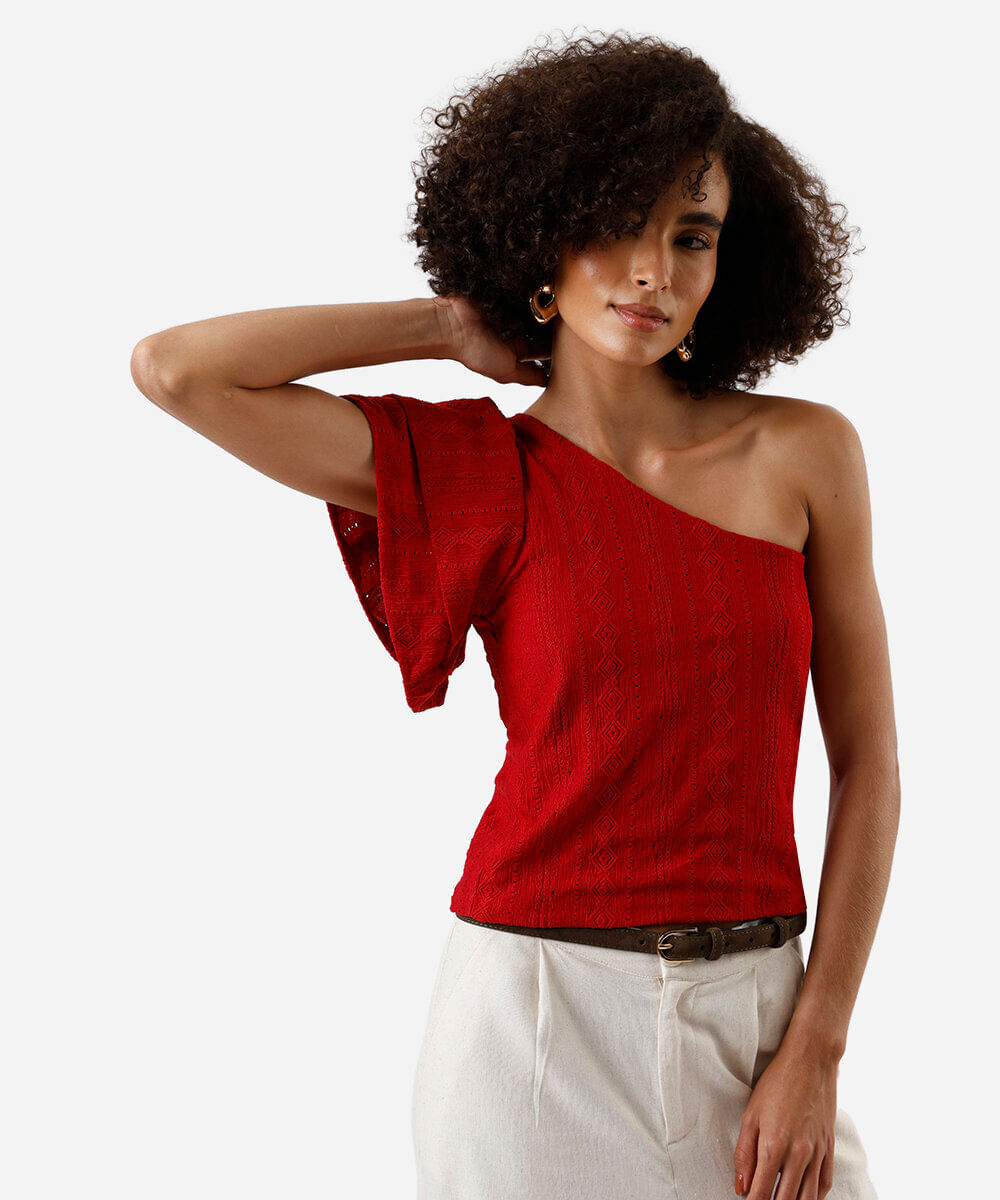 blusa ombro único feminina de laise com babados vermelha