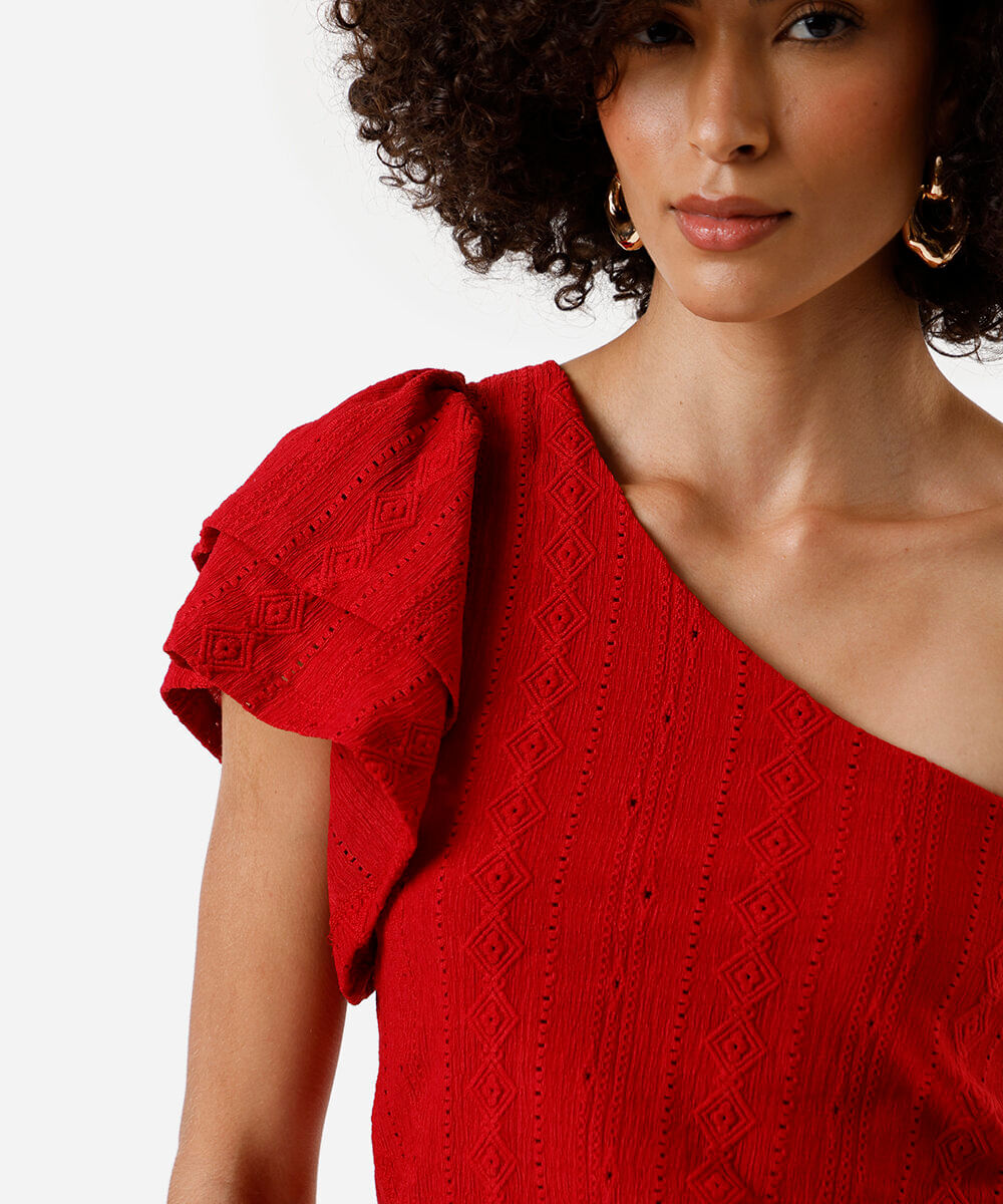 blusa ombro único feminina de laise com babados vermelha