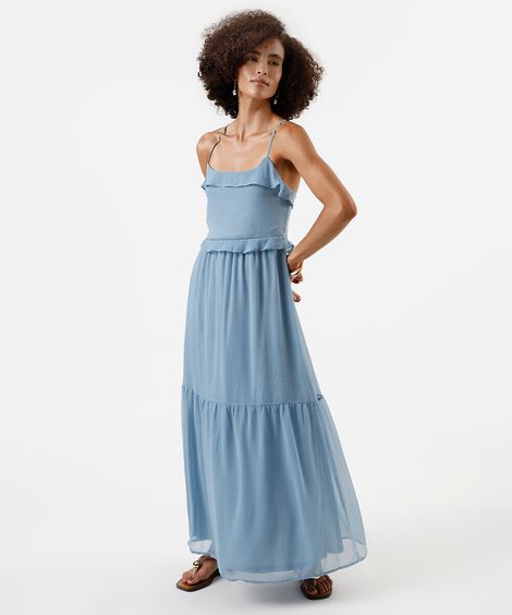 vestido longo alça fina feminino com recortes e babados azul