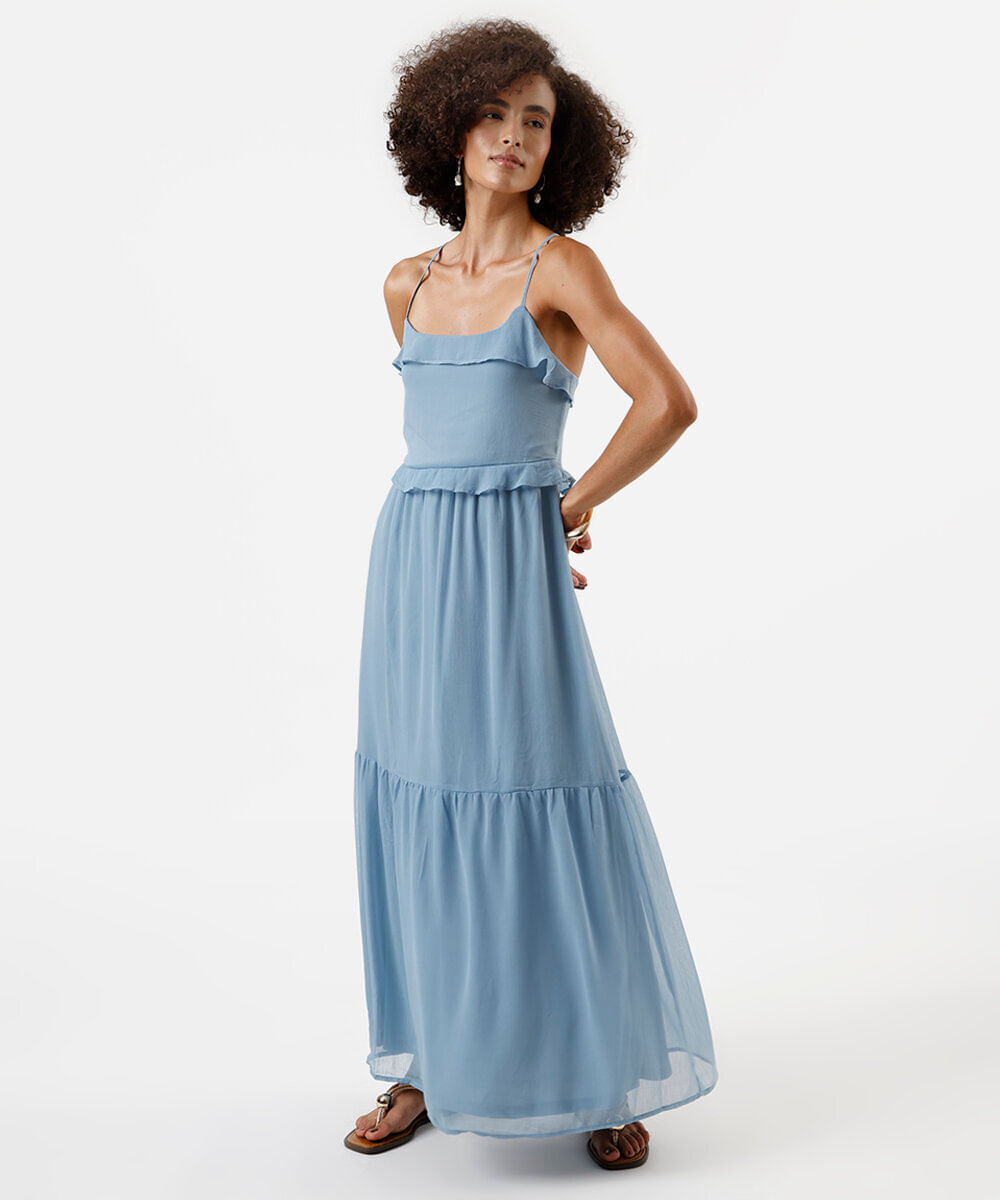 vestido longo alça fina feminino com recortes e babados azul