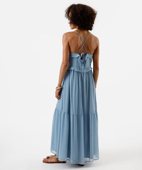 vestido longo alça fina feminino com recortes e babados azul