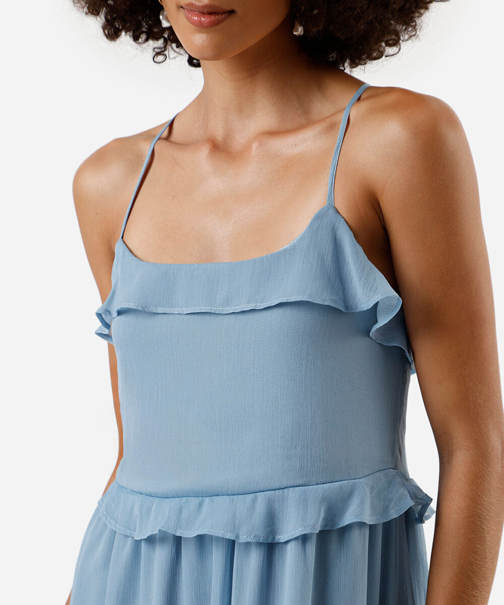 vestido longo alça fina feminino com recortes e babados azul