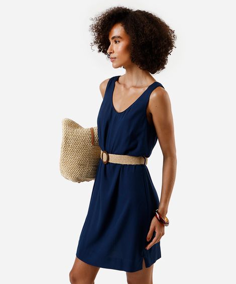vestido curto feminino de viscose com cinto azul