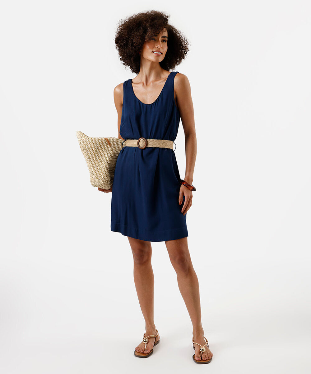 vestido curto feminino de viscose com cinto azul